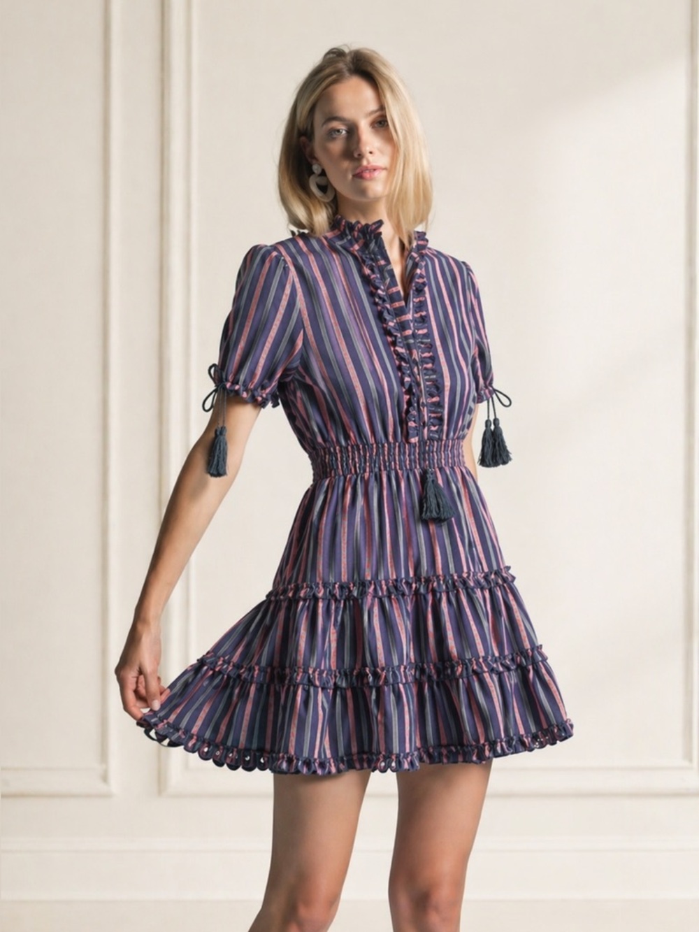The Shirt by Rochelle Behrens Blue and Pink Striped Ruffle Tiered Mini Dress
